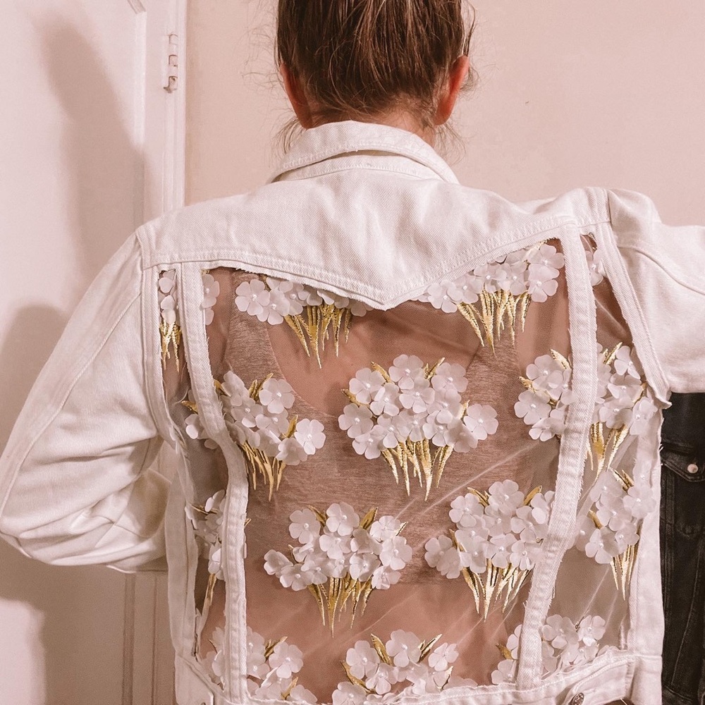 BOSTON PROPER DIY White Floral Lace Denim Jacket - Picture 1 of 6